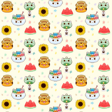 Cute kawaii summer cat seamless pattern with sunflower and watermelon