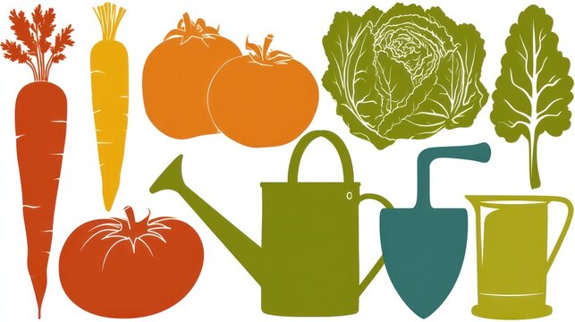 Assortment of garden produce and essential cultivation tools displayed as colorful silhouettes
