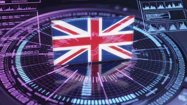 Holographic Union Jack flag projected over a circular digital interface with concentric HUD rings, neon purple and blue glow, futuristic data visualization and cyber projection