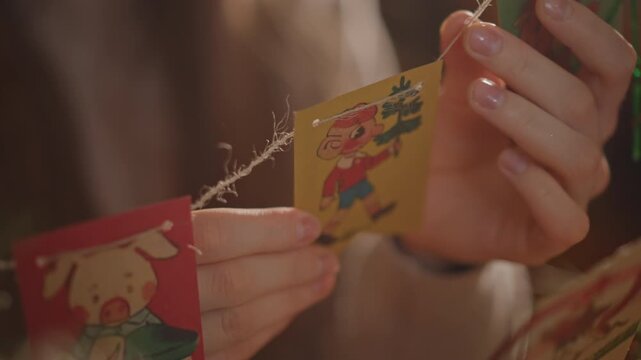 Closeup of hands arranging vintage cards. Fingers delicately string nostalgic paper cards under gentle light. Cozy setting where hands carefully attach retro cards to festive decorative string
