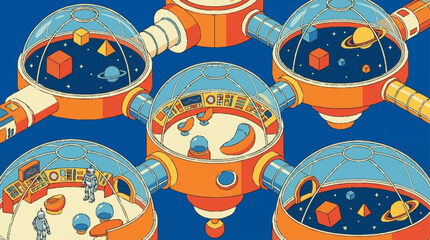 Vintage illustration of space helmets with planets. © Syakilla