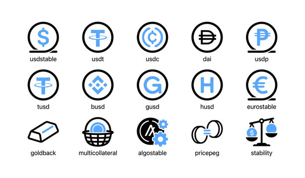 Stablecoin and collateral symbols arranged in grid on white
