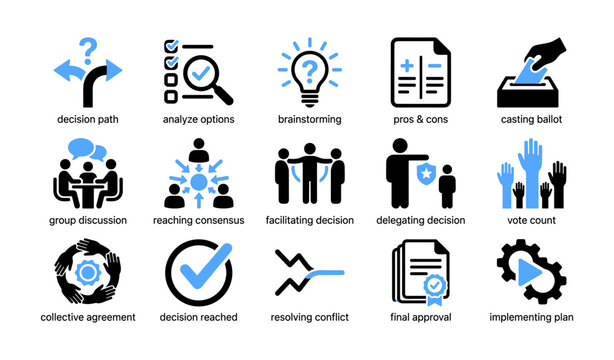Decision icons showing voting and discussion on white background