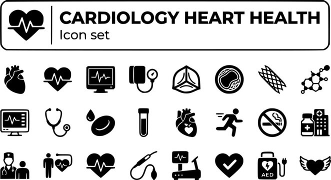Cardiology Heart Health Icon Set Pulse ECG Blood Pressure Valve Artery Stent Cholesterol Rhythm Monitor Cardiac Medical Vector Illustration