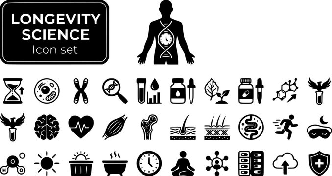 Longevity Anti-Aging Science Icon Set Lifespan Cell Telomere Gene DNA Biomarker Aging Supplement Hormone Rejuvenate Biotech Vector Illustration