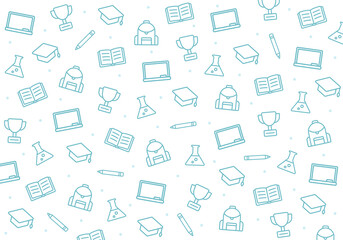 Fototapeta premium Back to school outline seamless pattern. Blackboard, apple, backpack, pencil, trophy, chemical flask and school supplies on white background. Education learning theme. Seamless vector pattern.