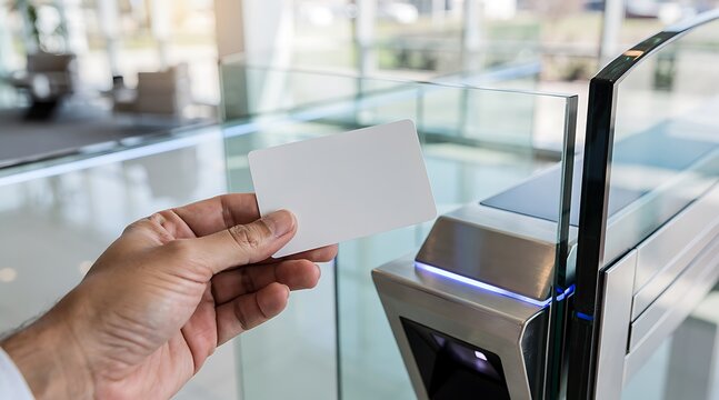 Mans hand holding a blank white access card near a modern security gate.