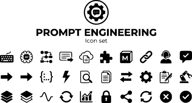 Prompt Engineering AI Workflow Icon Set Input Output Token Model Chain Agent Response LLM Automation Tech Vector Illustration