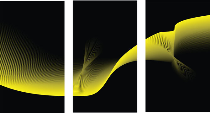 Abstract colorful curved lines on black background three panel triptych with abstract colorful triptych background artistic