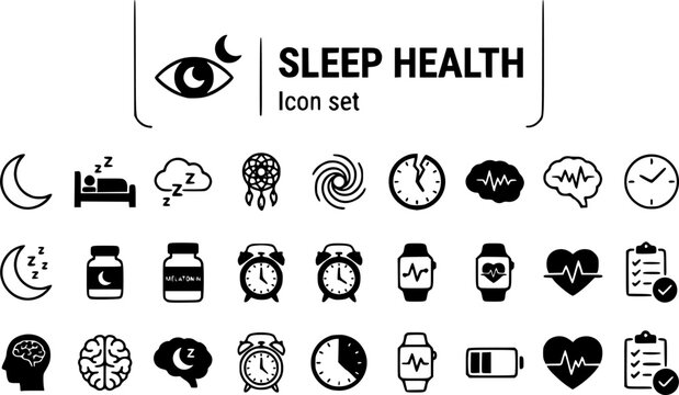 Sleep Health Insomnia Icon Set Rest Cycle Dream Rhythm Melatonin Alarm Tracker Quality Sleep Stage Night Wellness Vector Illustration