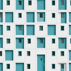 Obraz premium This design features a school building facade shown as a geometric pattern of windows and doors in distinct colors placed on a flat surface.
