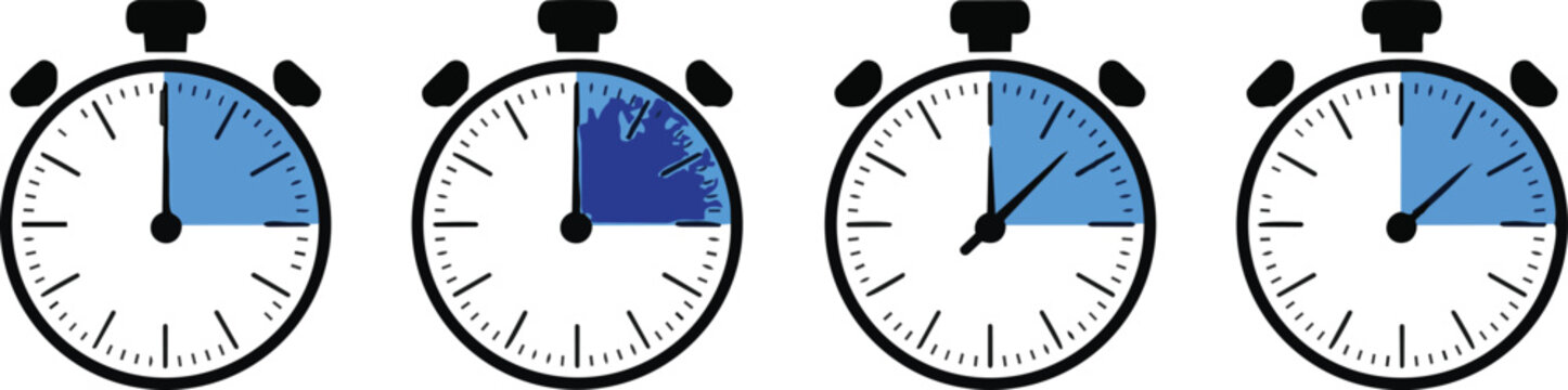 Timer clock, stopwatch set icons with different time. Countdown timer symbol icon set. Sport clock with time meaning. Label cooking symbols. Stopwatch intervals signs - vector