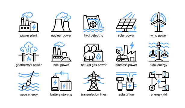 Energy icons depicting power generation types in grid layout