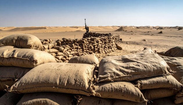 Rough heavy sandbags form a strong military fortification in a vast desert landscape, representing defense and security.