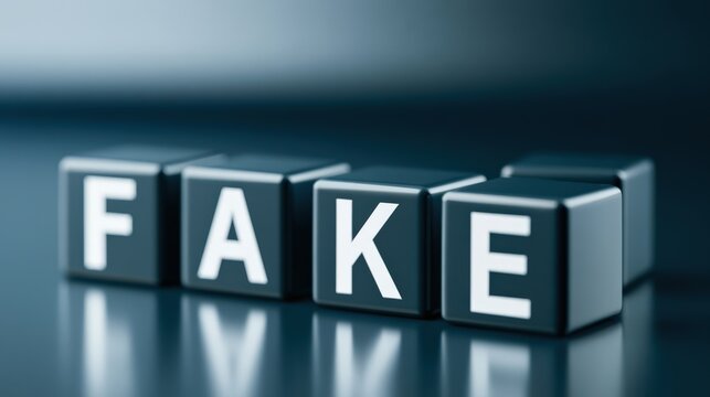 Glossy black cubes with white letters spelling "FAKE" on reflective surface, dark studio background