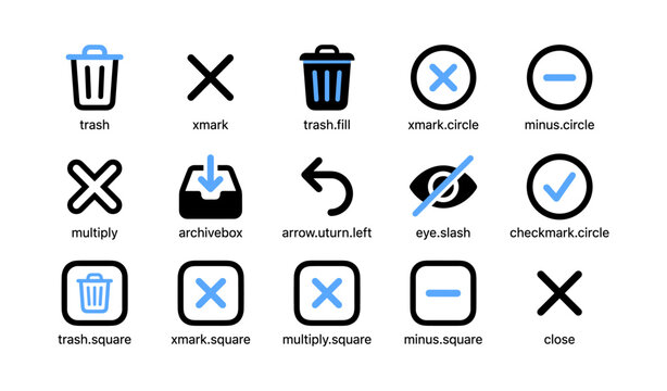 Interface icons for delete and controls on white background