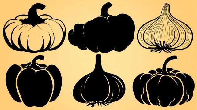 Group of six varied food bulb and gourd silhouettes presented in two rows against a warm background.