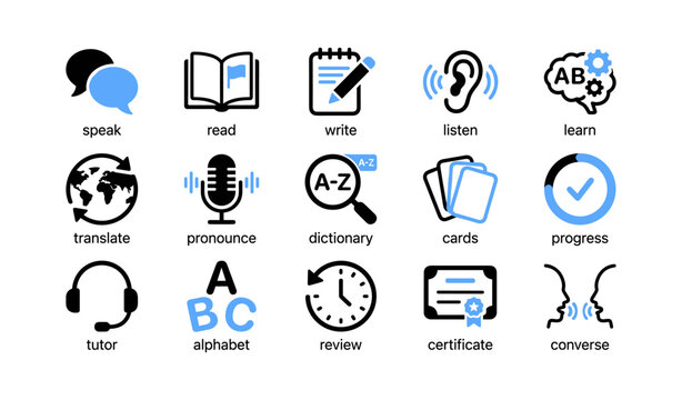 Language learning icons showing skills and tools on white background