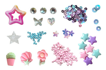 Beads, sequins, charms, flower beads and star embellishments collage isolated clipart set. Perfect...