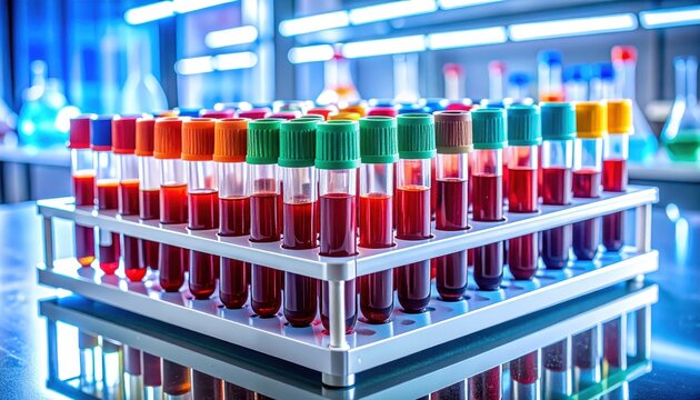 Rows of Medical Blood Collection Tubes with Various Colored Tops in a Laboratory Setting