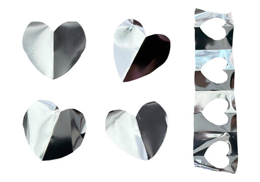 Silver foil heart shapes collage isolated clipart set. Perfect for Y2K scrapbook compositions, journaling, greeting cards, stickers, social media graphics, branding and creative paper craft projects