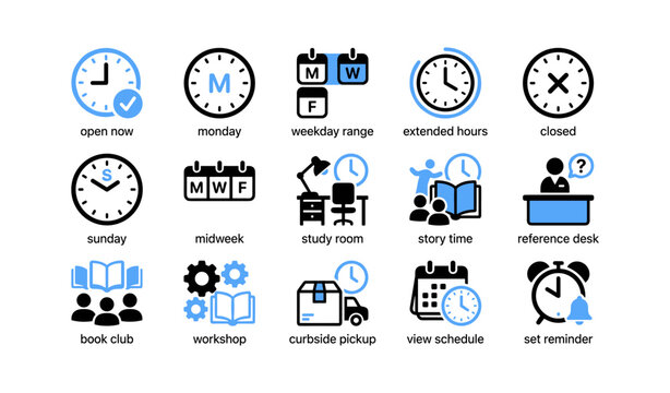 Library schedule and service icons arranged on white background