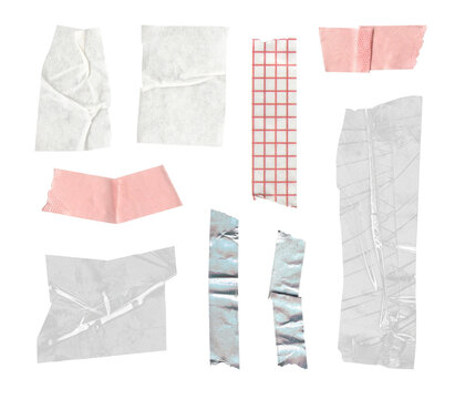 Washi tape, transparent tape, paper scraps and adhesive strips collage isolated clipart set. Ideal for Y2K scrapbook layouts, journaling, planners, social media graphics and creative design projects