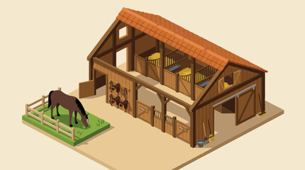 A brown horse stands in a fenced area next to a large wooden barn. © Syakilla