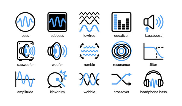 Bass and low frequency icons arranged in a white grid