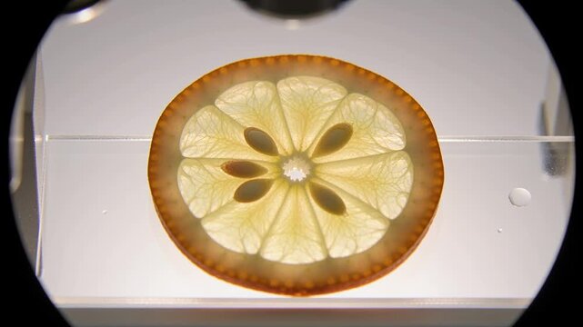 Close-up shot of thin lemon slice backlit, showcasing pulp texture and seeds, with smooth camera zoom-in.