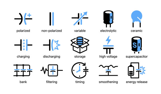 Capacitor and energy storage icons displayed in a grid on white