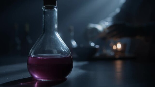 Glass flask with swaying purple liquid in the foreground, scientist conducting research on a blurred background.
