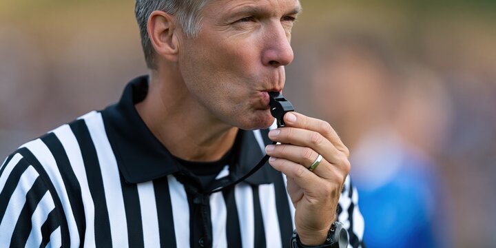 A referee blows a whistle while officiating a sports game, capturing the intensity of athletic competition and the authority of referees in maintaining fair play.