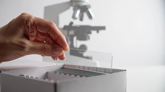 Laboratory assistant's hand taking a clean glass slide out of a box, microscope silhouette on a blurred light background.