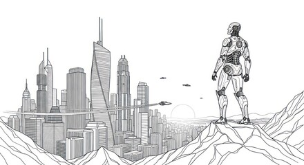 Obraz premium Futuristic robot overlooking a city skyline from mountain peak