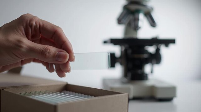 Laboratory assistant's hand taking clean glass slide out of box, microscope on blurred background in lab.