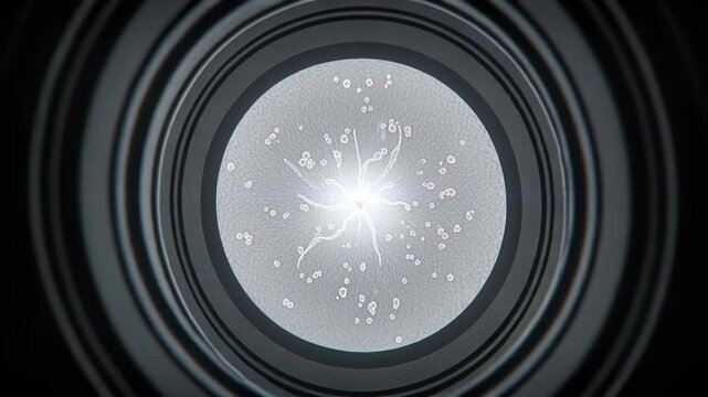 Close-up shot of glowing bacterial culture or microorganisms under microscope, view through eyepiece in biological laboratory.