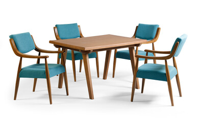 Fototapeta premium Mid-century modern dining room set with a rectangular wooden table and four matching turquoise fabric armchairs, isolated on a white background.