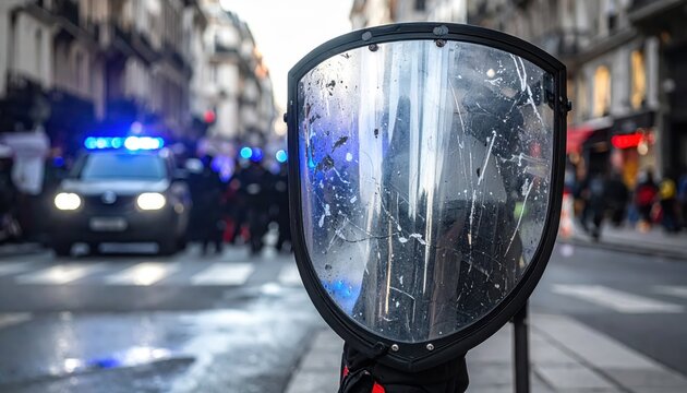 Scratched transparent polycarbonate riot shield held by police officer in blurred urban protest scene with blue lights