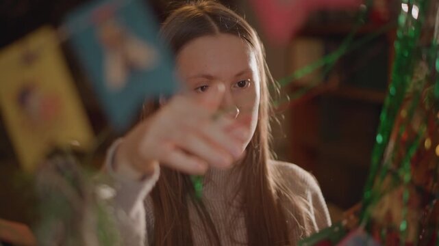 Caucasian woman adjusting small ornament near bookshelf, careful movements and intent gaze, delicate finger placement, sweater texture visible, quiet evening craft by student decorator
