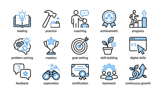 Learning and skills icons showing progress achievement and coaching