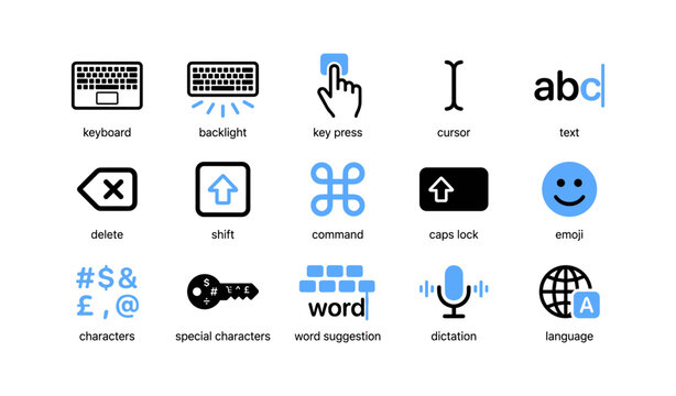 Keyboard and typing icons showing key functions and input symbols