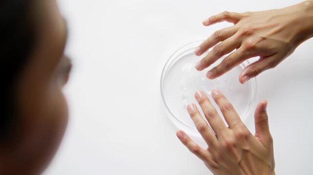 Laboratory assistant's hands touching clear gel in a glass bowl, showcasing cosmetic test and observation of product texture.