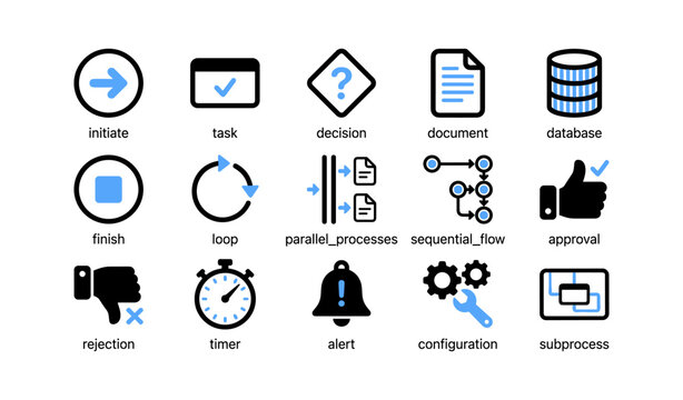 Process flow icons showing workflow symbols in horizontal rows