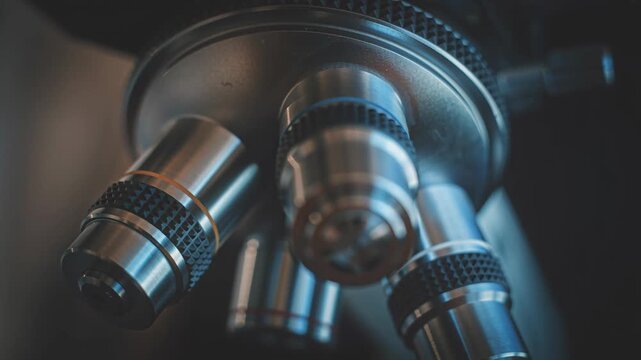 Close-up shot of a laboratory microscope, showcasing movement of optical elements during scientific research.