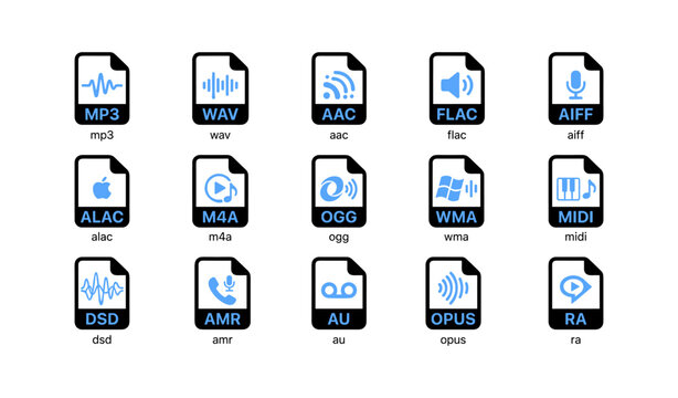 Grid of audio file format icons labeled on white background