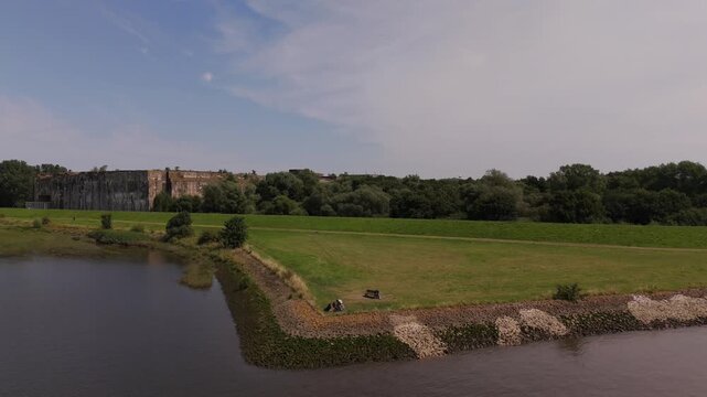 Aerial view of Bunker Valentin across the Weser River near Bremen