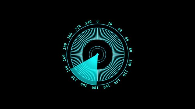 Cyan blue digital circular radar interface scanning motion graphic a digital display emitting a rotating light beam against a deep black background sonar scan technology navigation futuristic