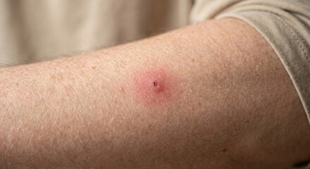Fototapeta premium Close-up of a red inflamed tick bite mark with a small blood drop on human arm skin