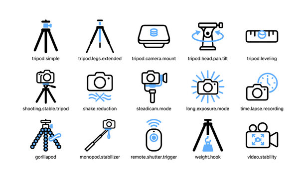 Tripod and stability icons showing camera support accessories